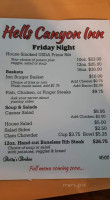 Hells Canyon Inn menu