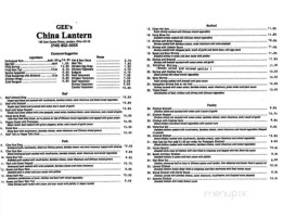 Gee's China Lantern menu