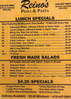 Reino's Pizza Pasta menu