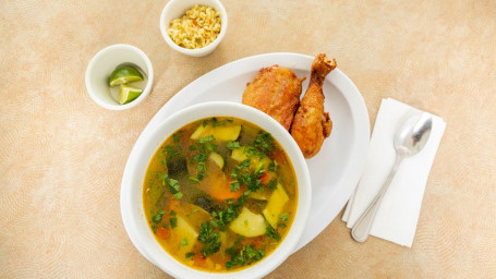 Sopa De Pollo Con Pollo Frito Chicken Soup With Fried Chicken